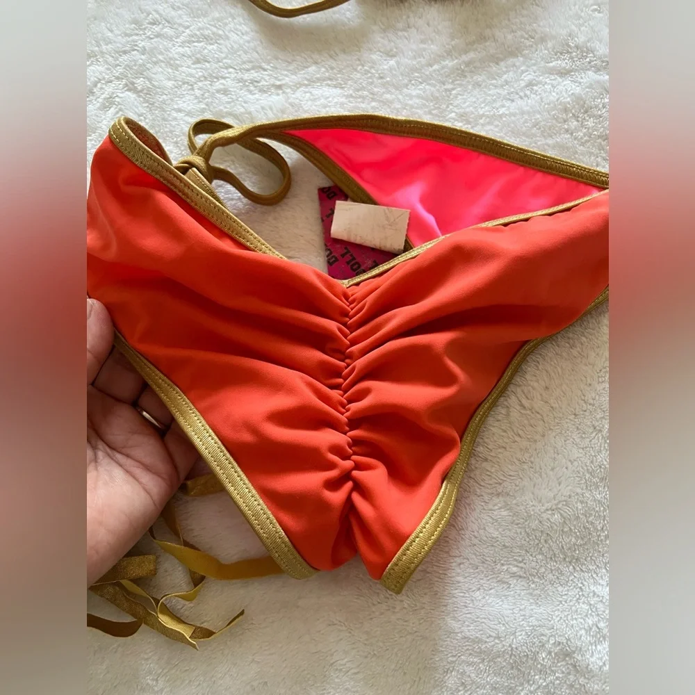 Doll Swimwear Corral and gold trim fringes scrunch butt two piece set